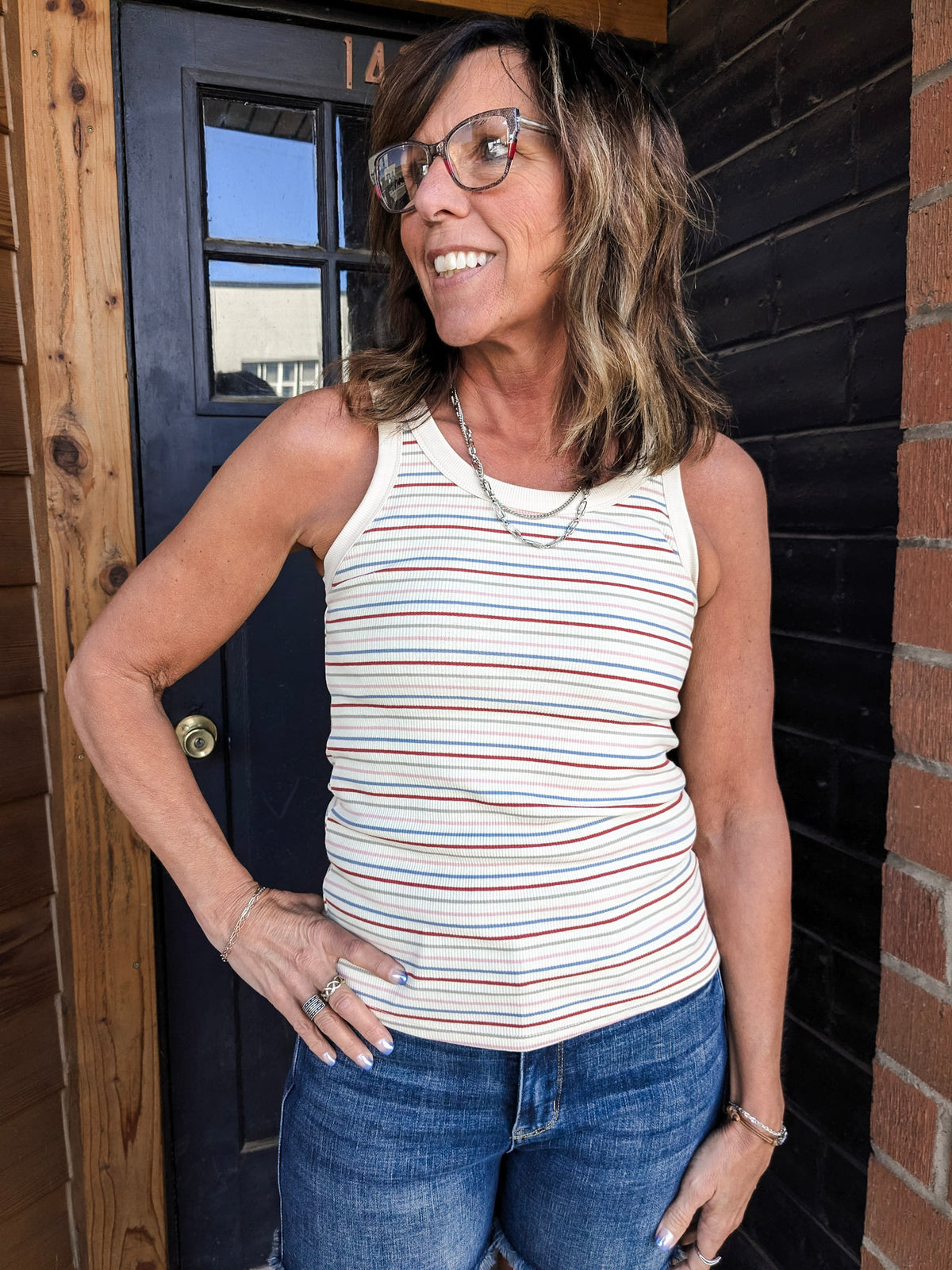 Rosy Ribbed Stripe Tank Top - Red Multi