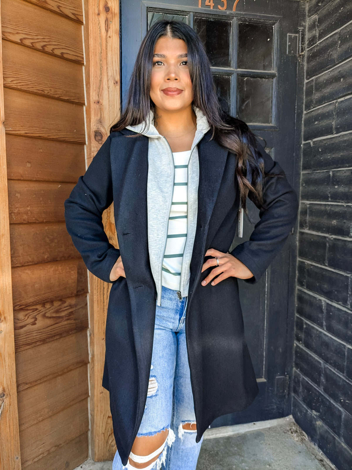 Coat with Contrast Hoodie - Black