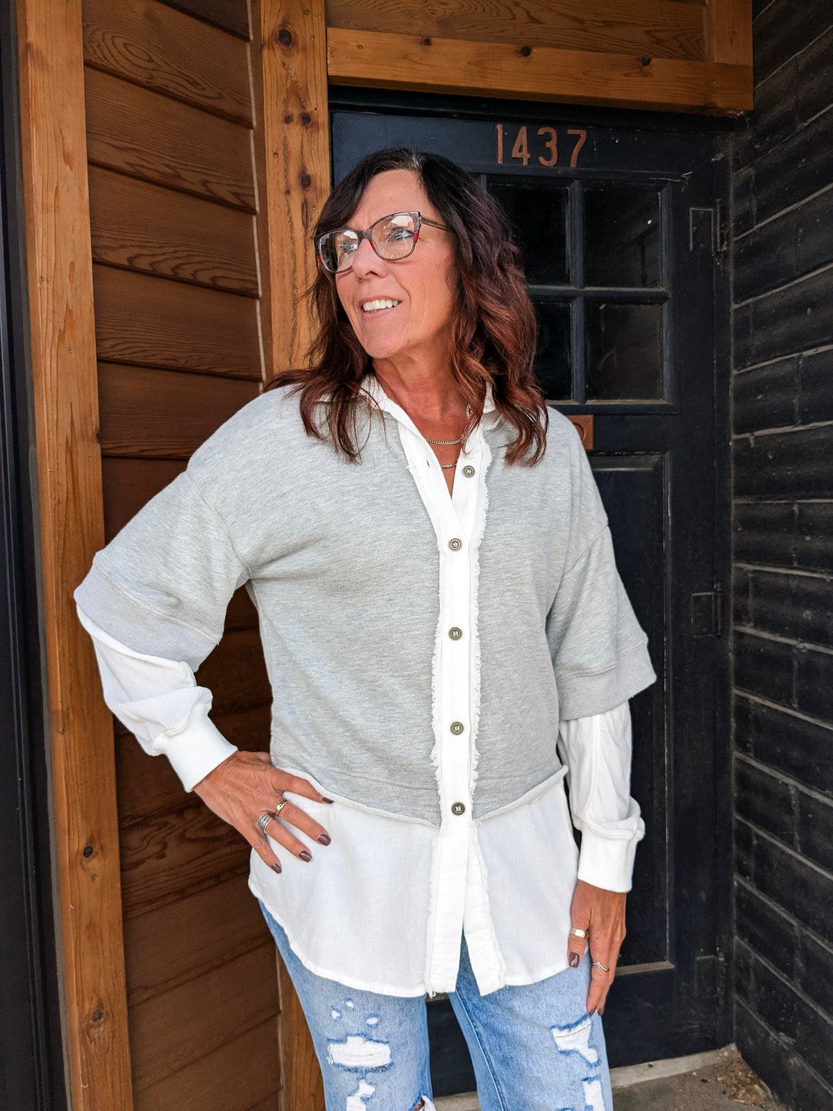 Layered Button Down Sweatshirt