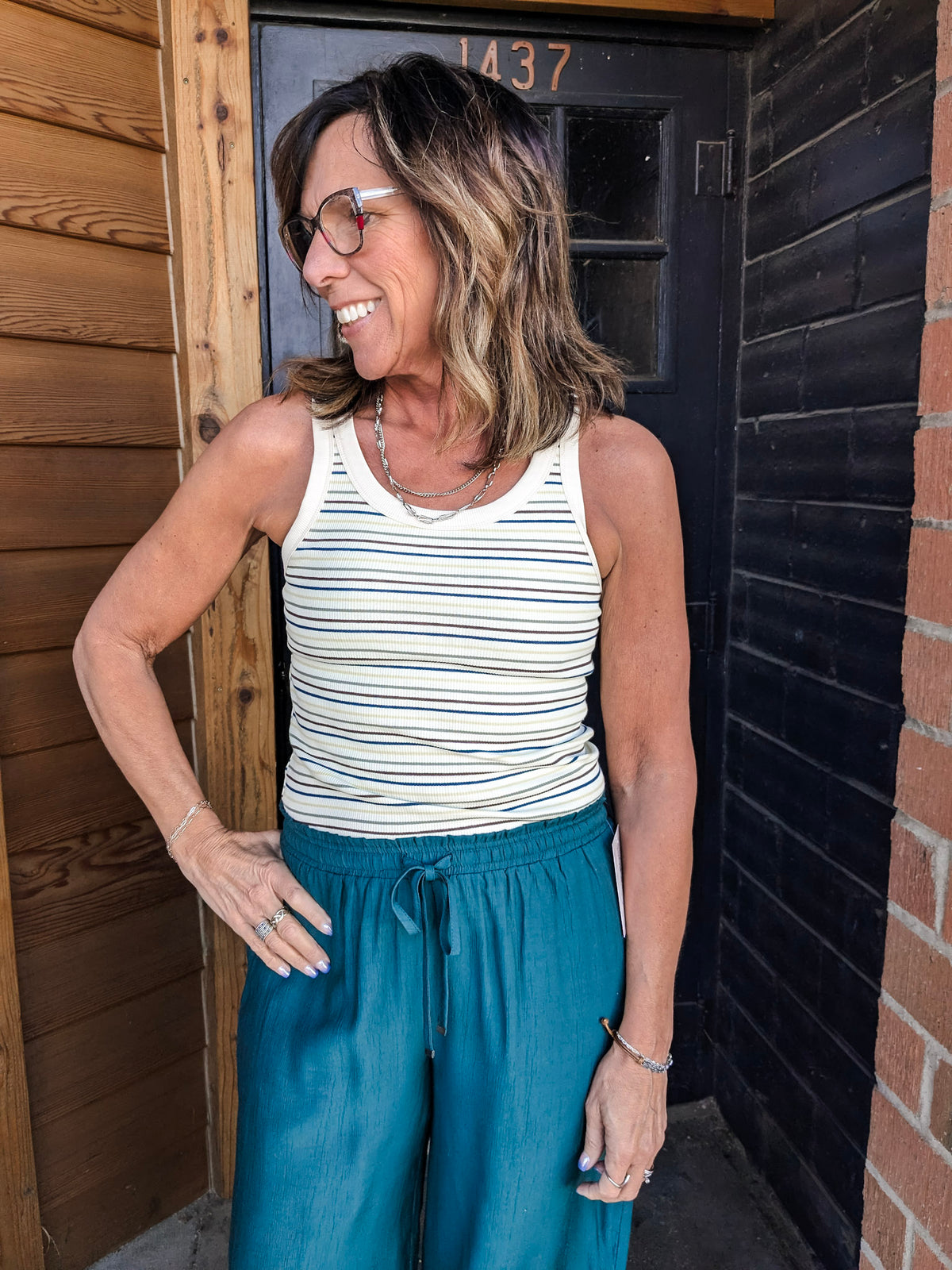 Rosy Ribbed Stripe Tank Top - Teal Multi