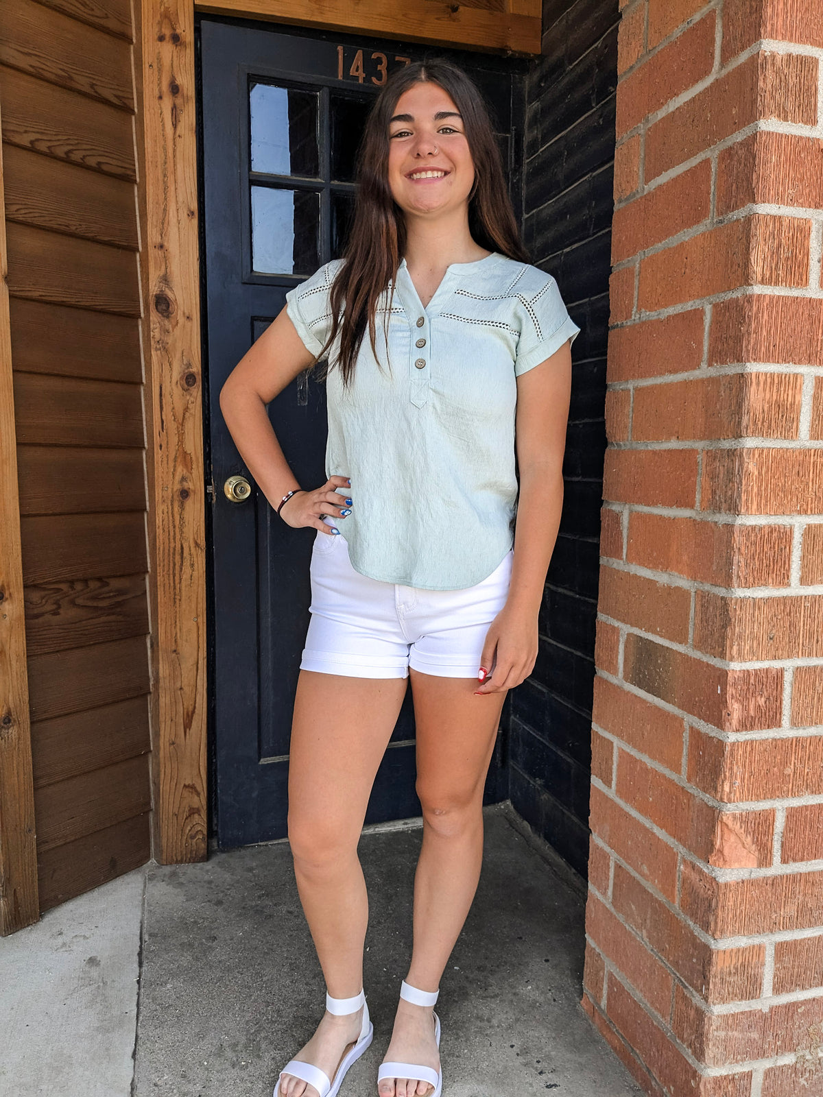 Henley Lace Trim Short Sleeve