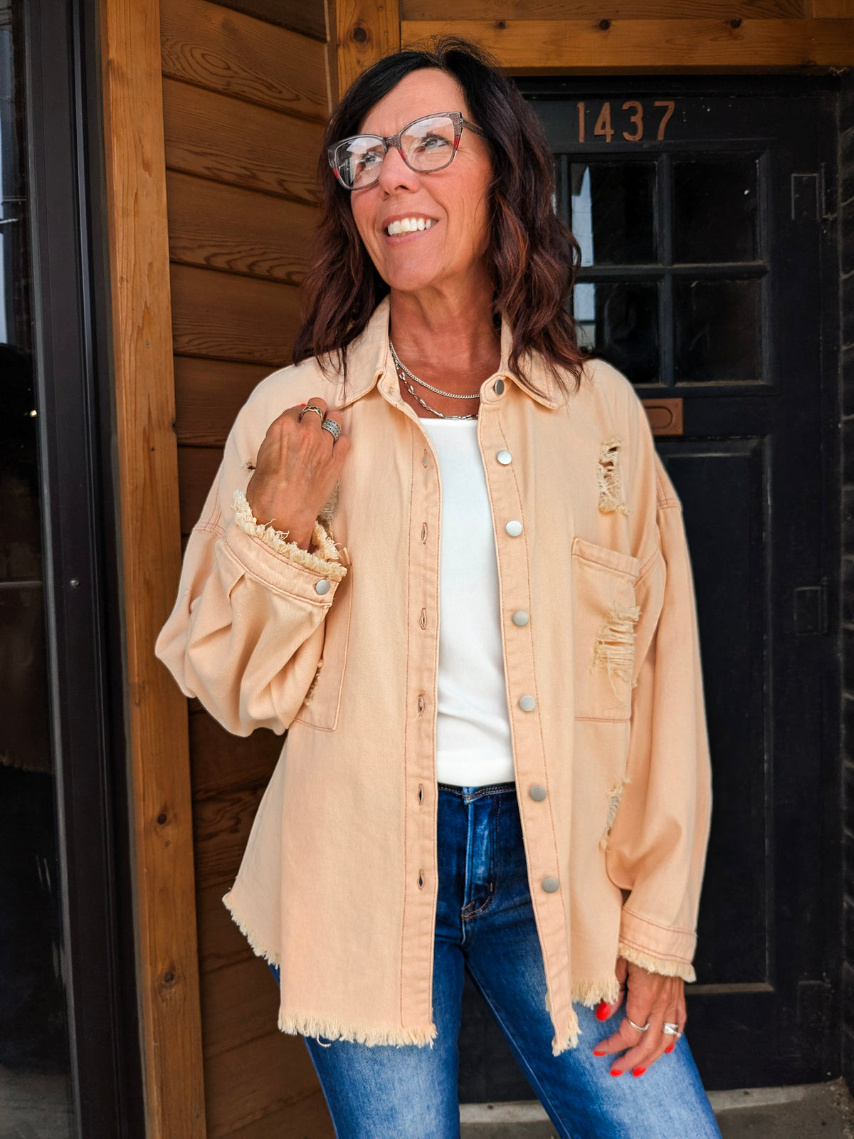 Distressed Button Down Shacket