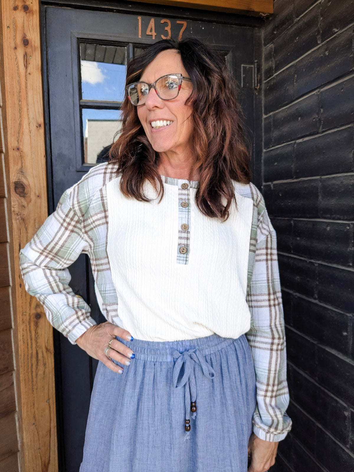 Plaid Accent Long Sleeve Tee