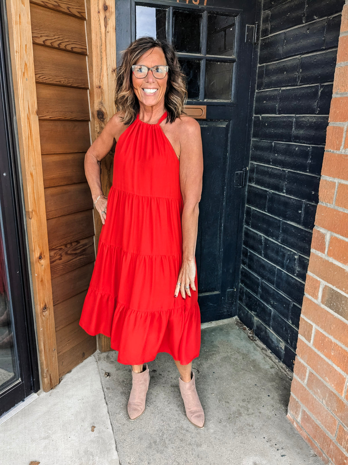 Dobby Halter Dress - Tomato Red