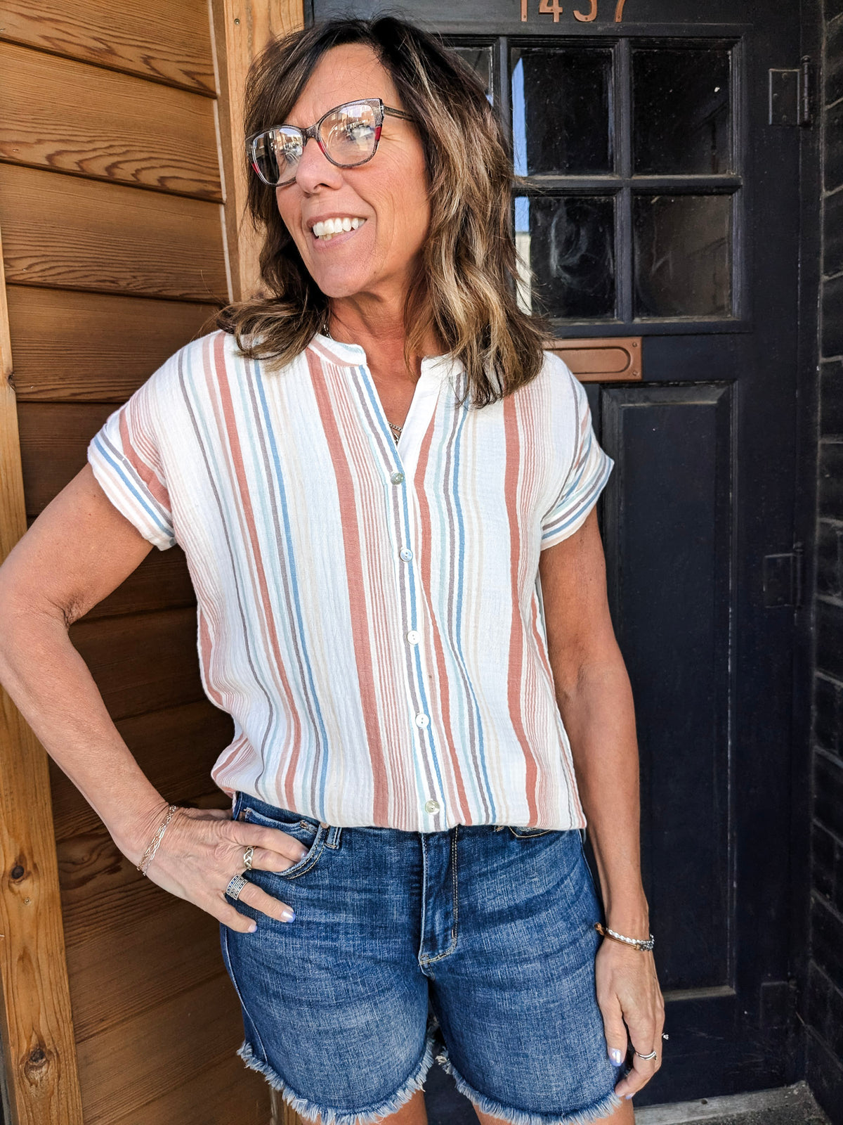 Gauzy Striped Button Up V-Neck - Papaya