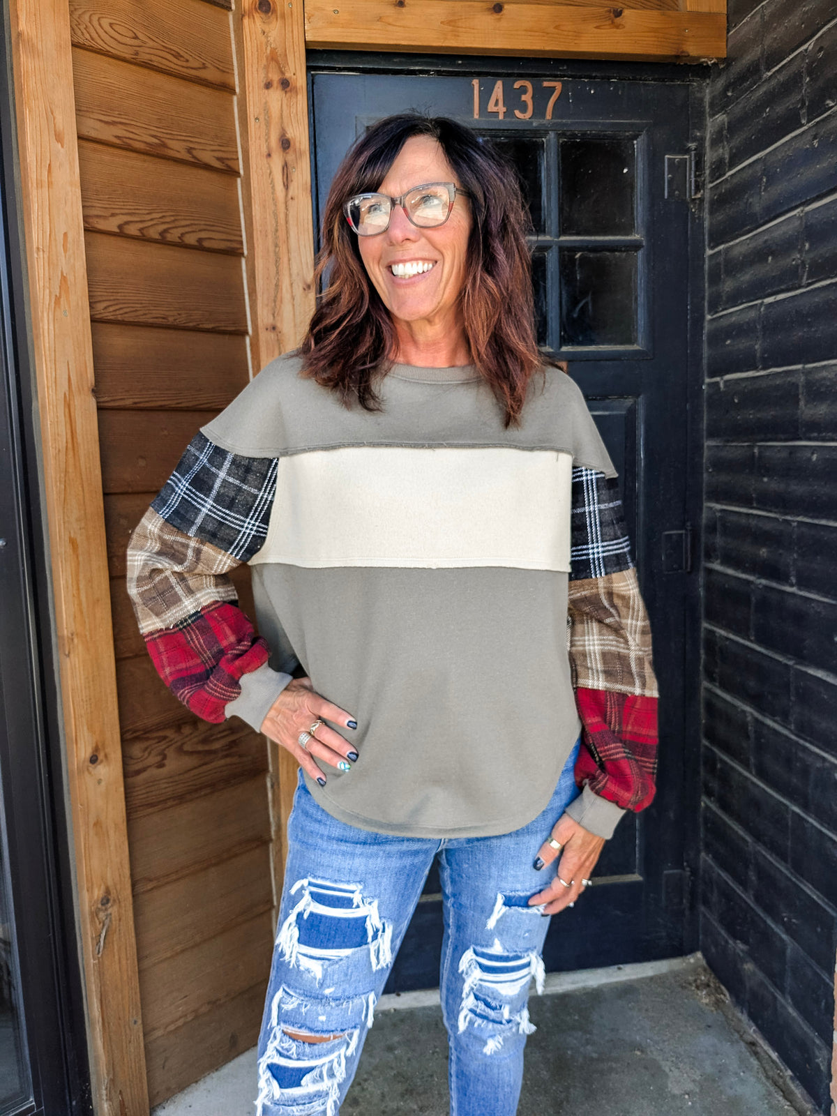 Plaid Flannel Sleeve Sweatshirt