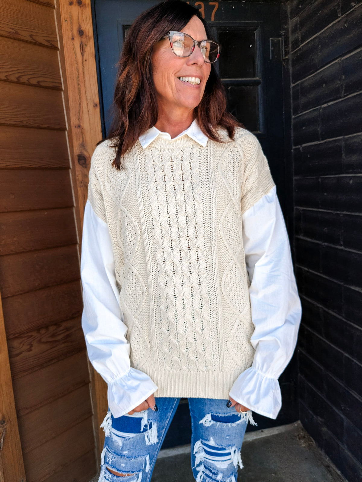 Collared Cable Knit Mix Long Sleeve Top