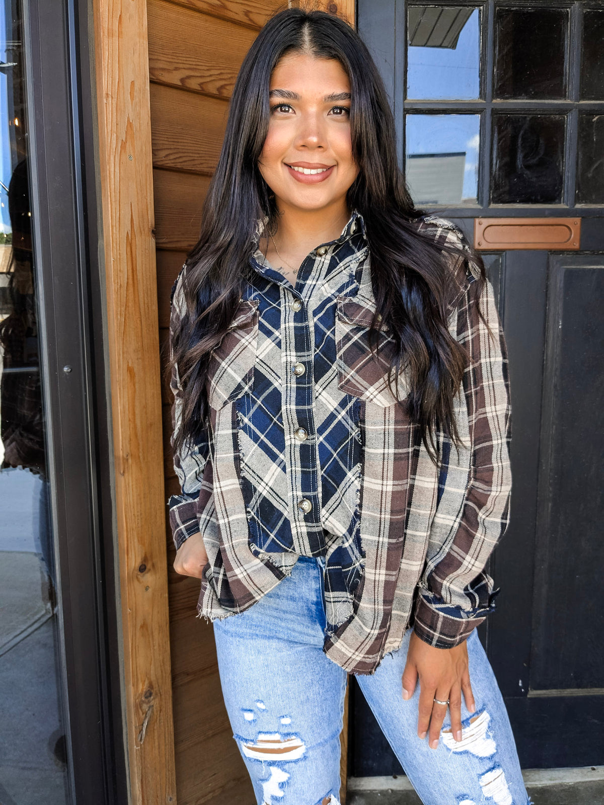 Distressed Plaid Button Down Top