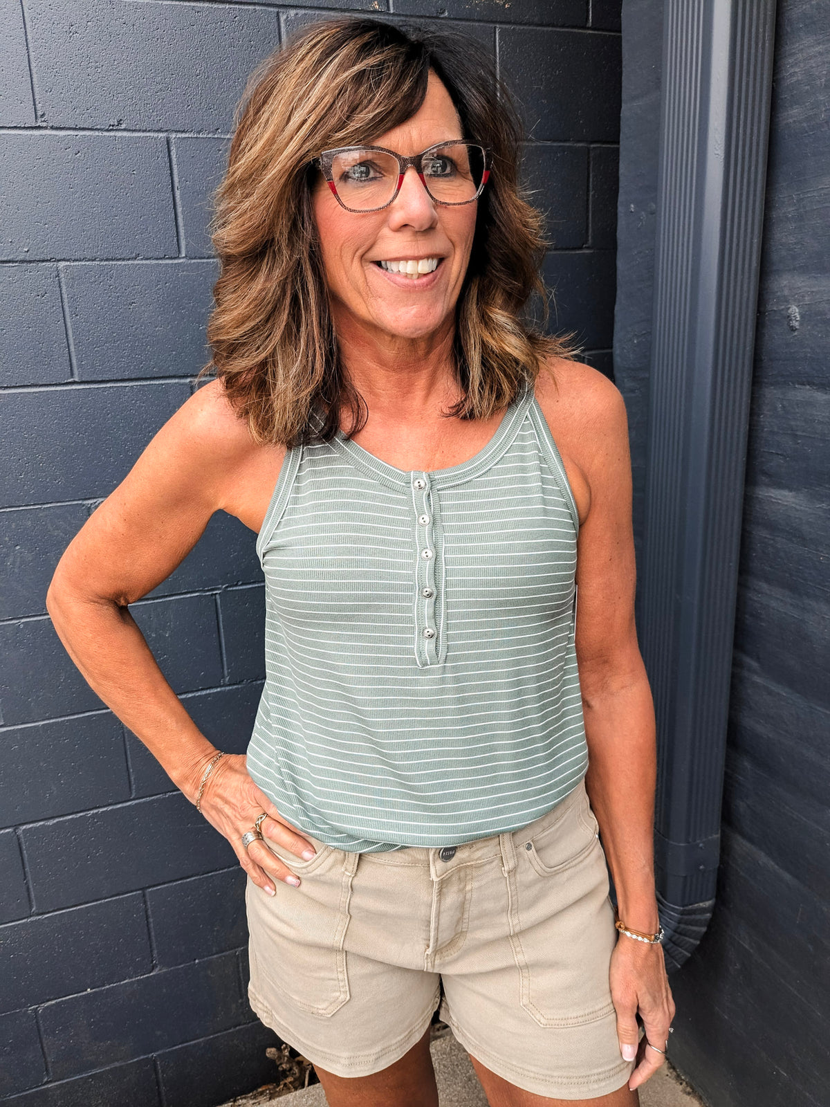 Striped Button Halter Top - Dark Sage/Ivory