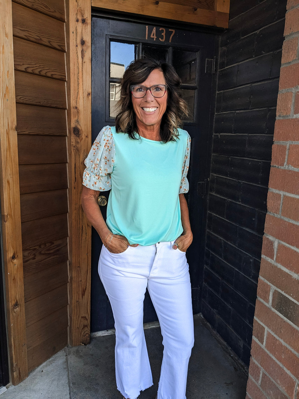 Susie Top with Floral Bubble Sleeves - Aqua