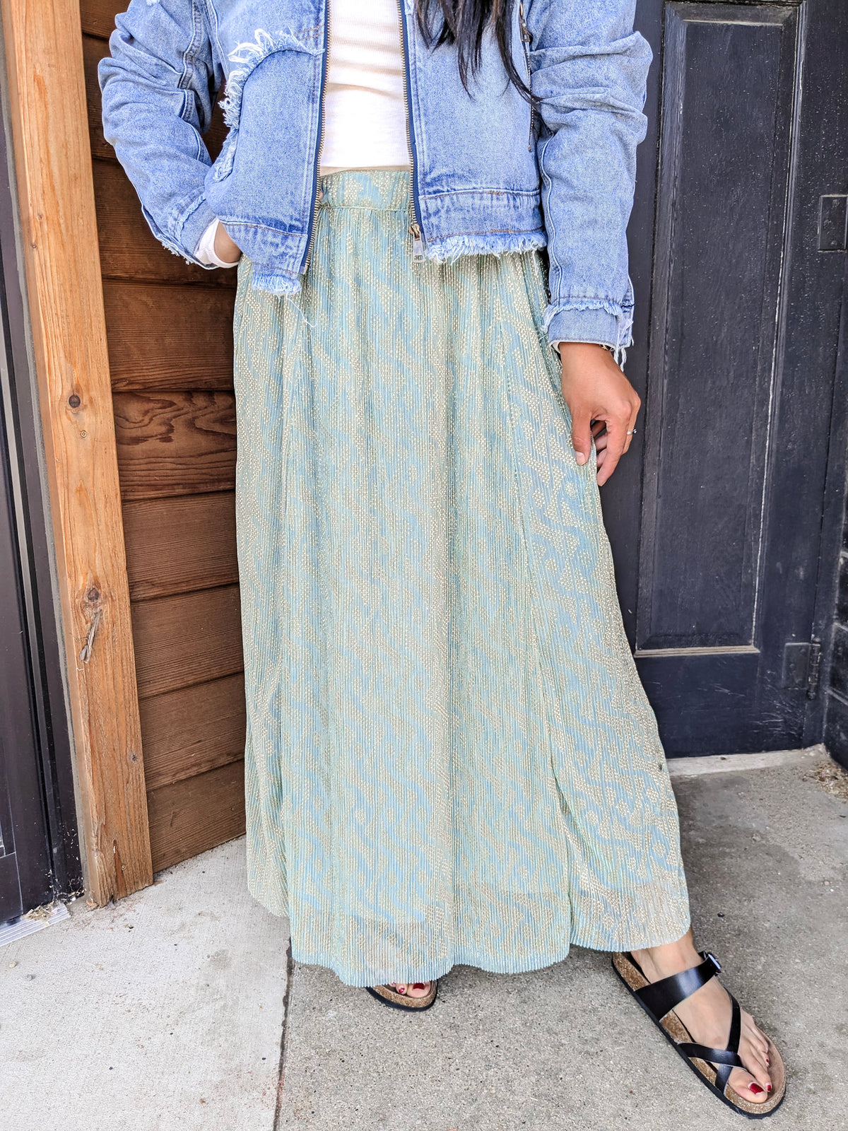 Gold Accent Midi Skirt - Sage