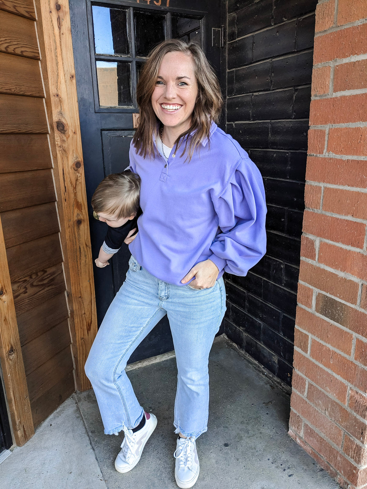 Balloon Sleeve 1/4 Snap Sweatshirt - Periwinkle