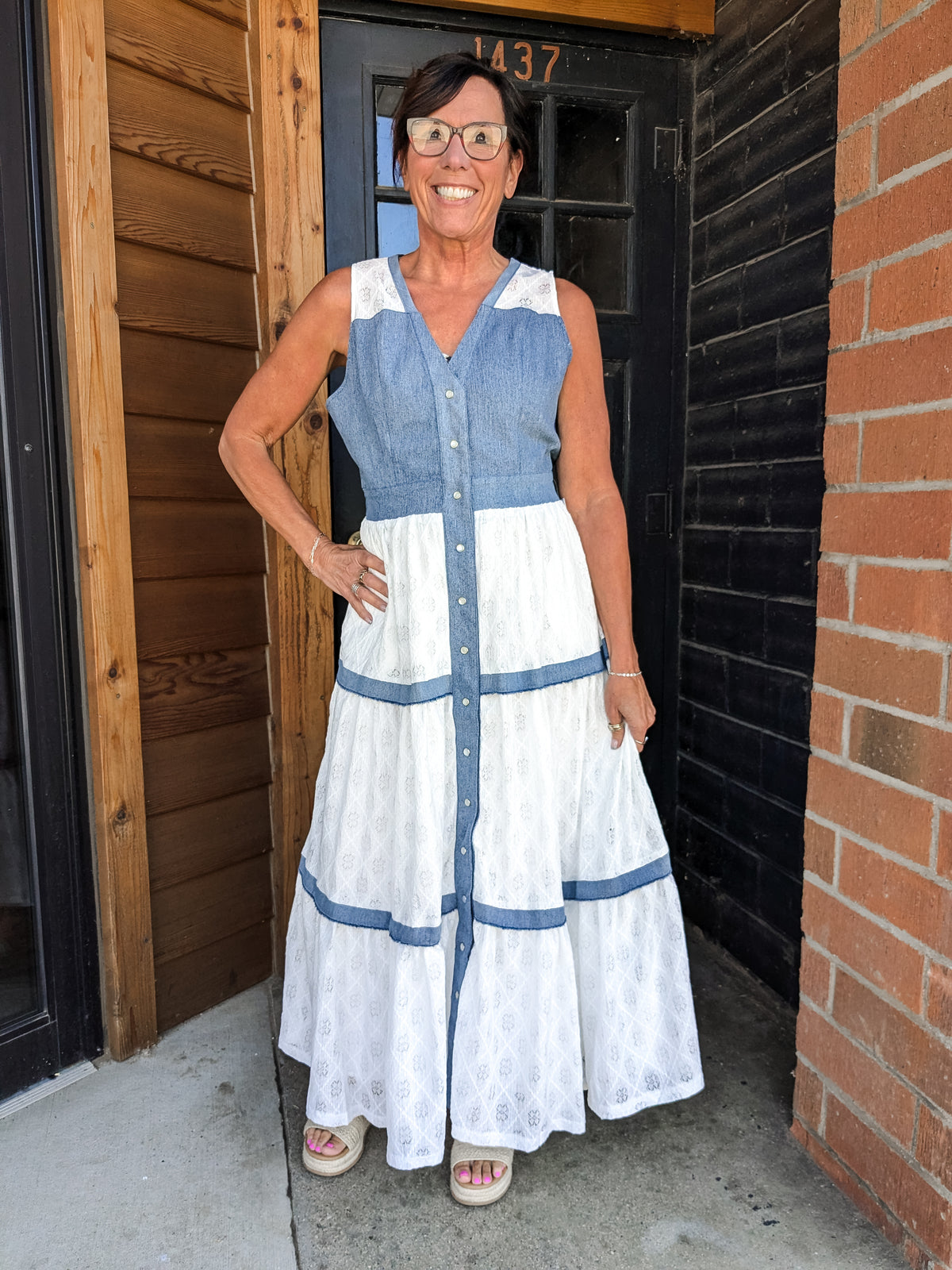 Lace Denim Tiered Maxi Dress