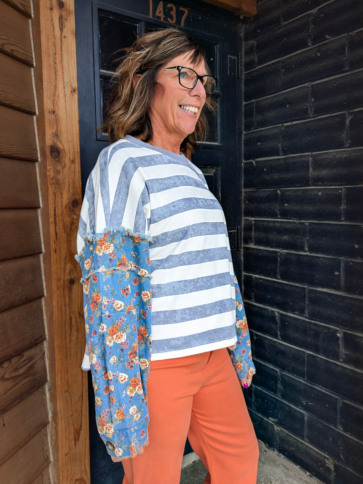 Striped Top with Denim Floral Sleeves