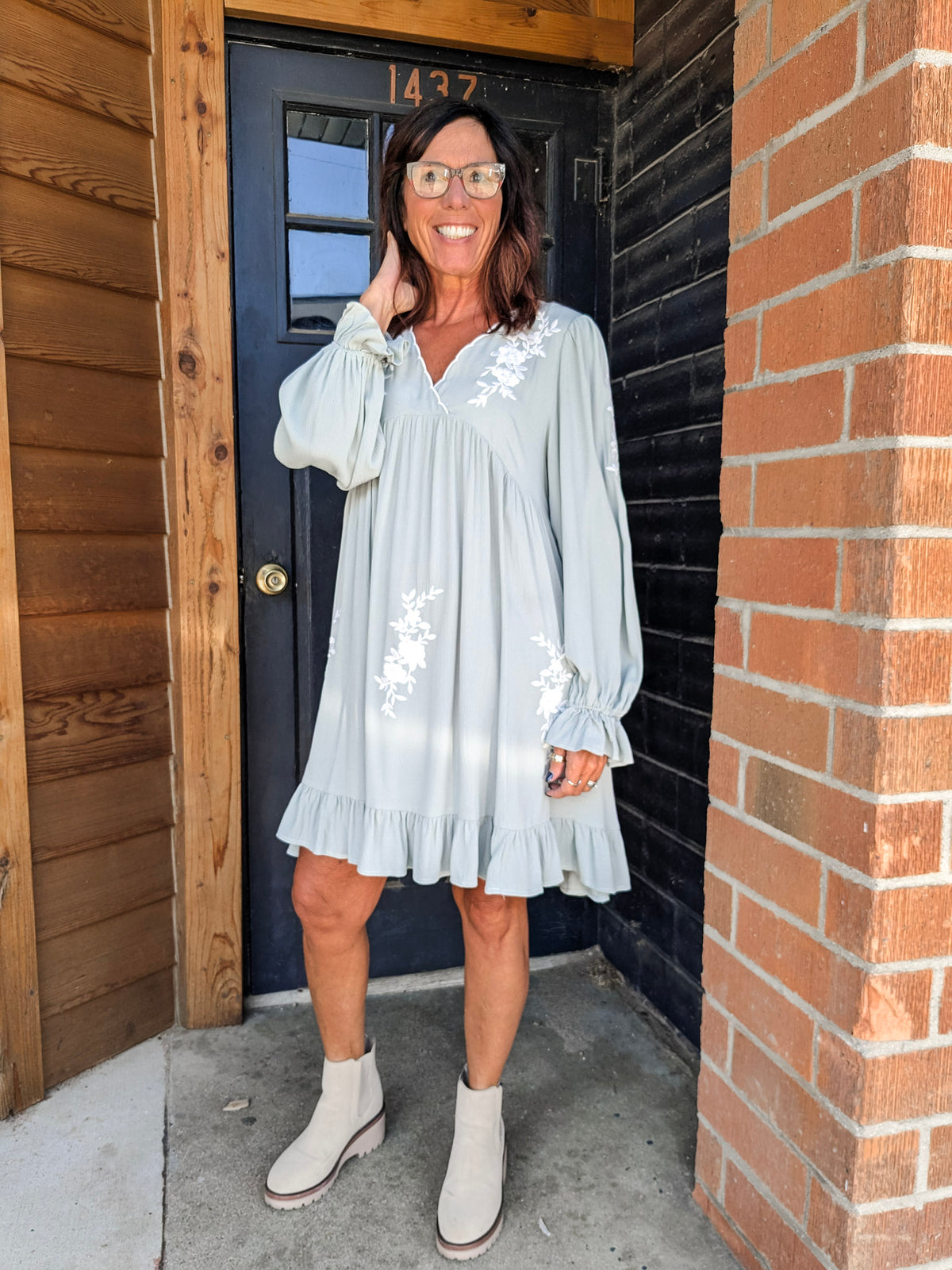 Embroidered V-Neck Ruffle Midi Dress