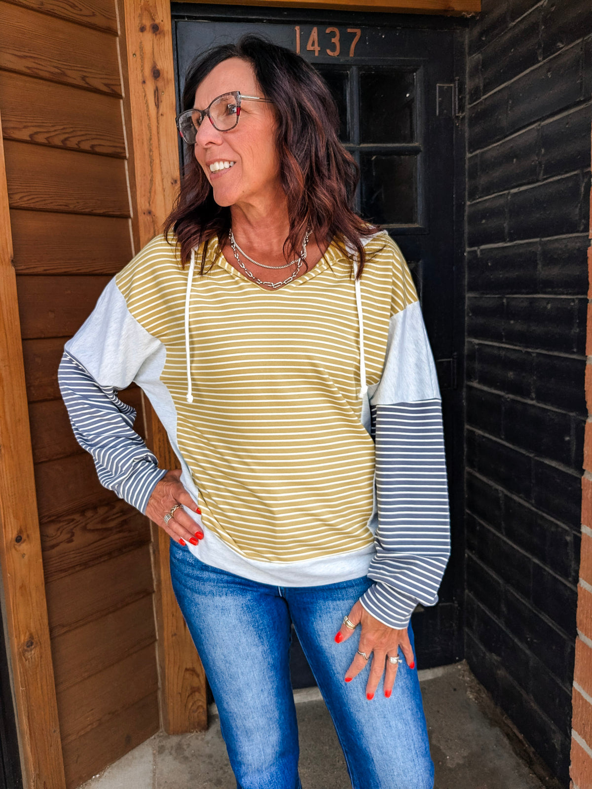 Striped Hooded V-Neck Top
