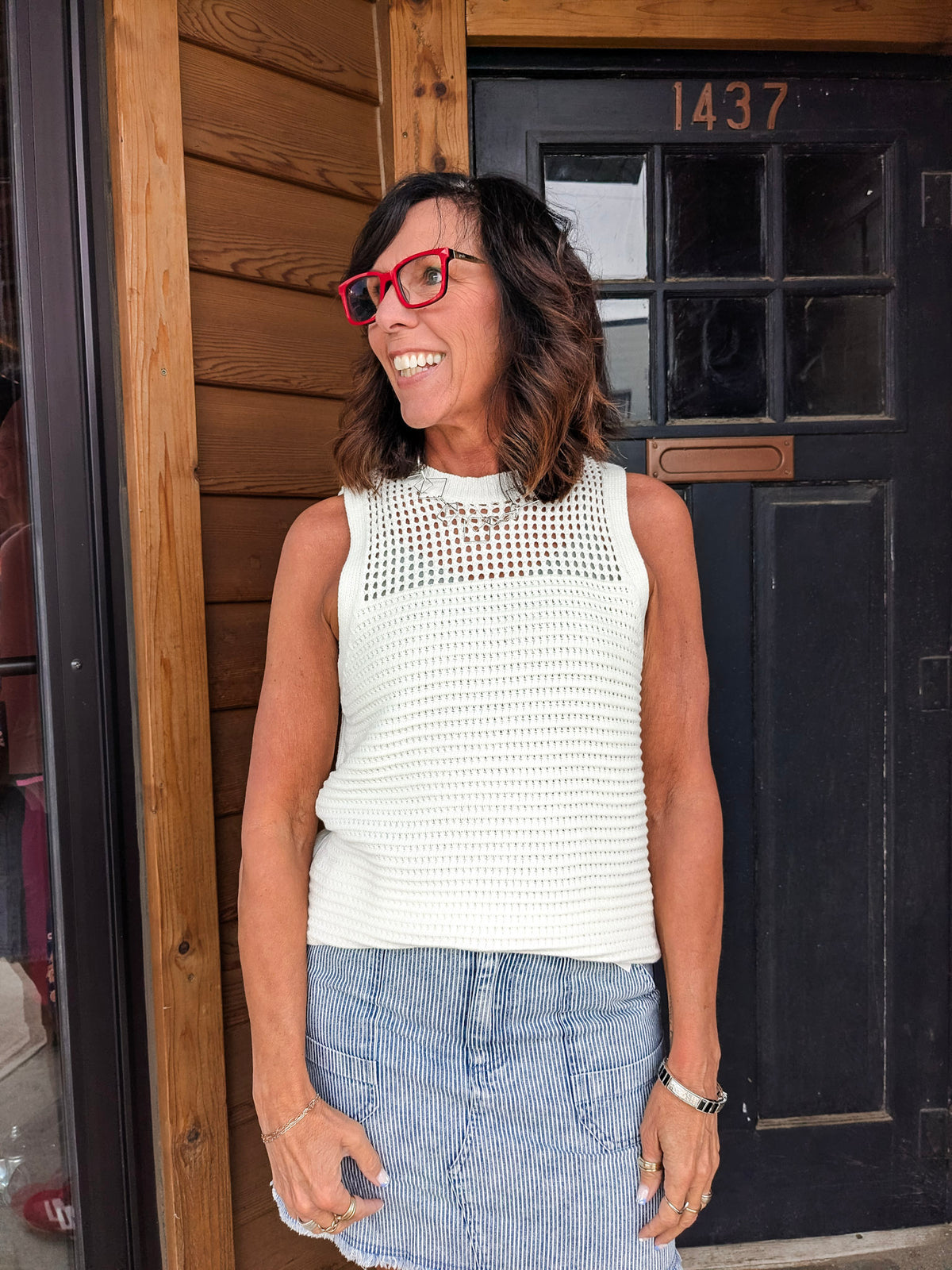 Open Knit Crew Neck Sweater Tank