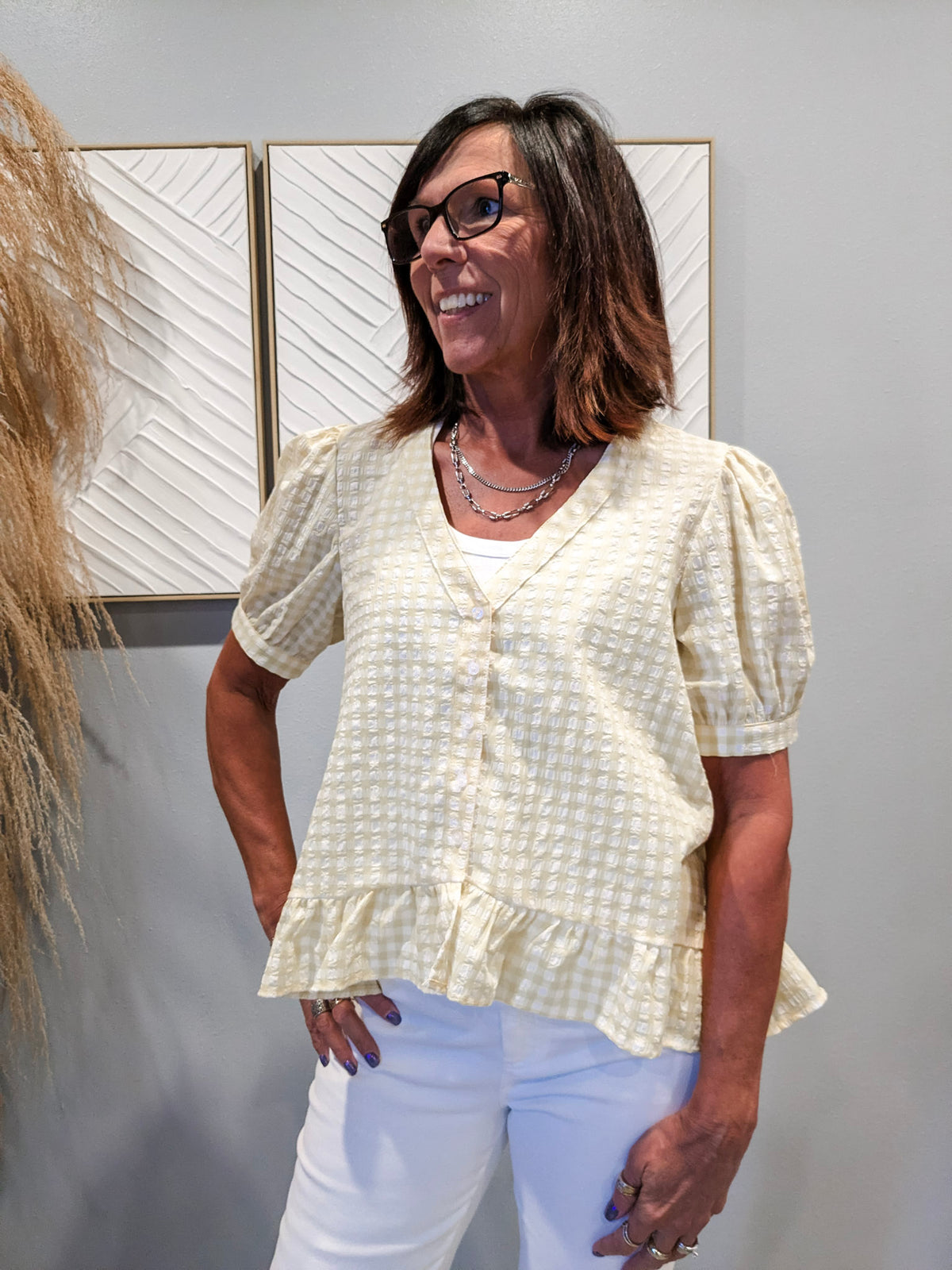 Sunlit Gingham Puff Blouse