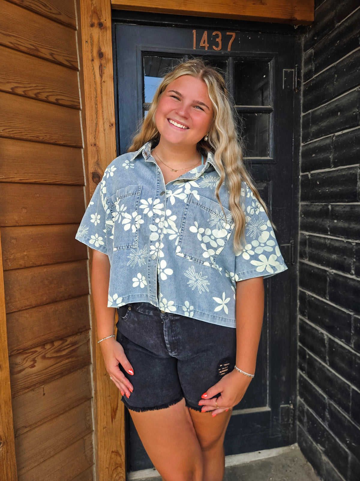 Printed Denim Button Down