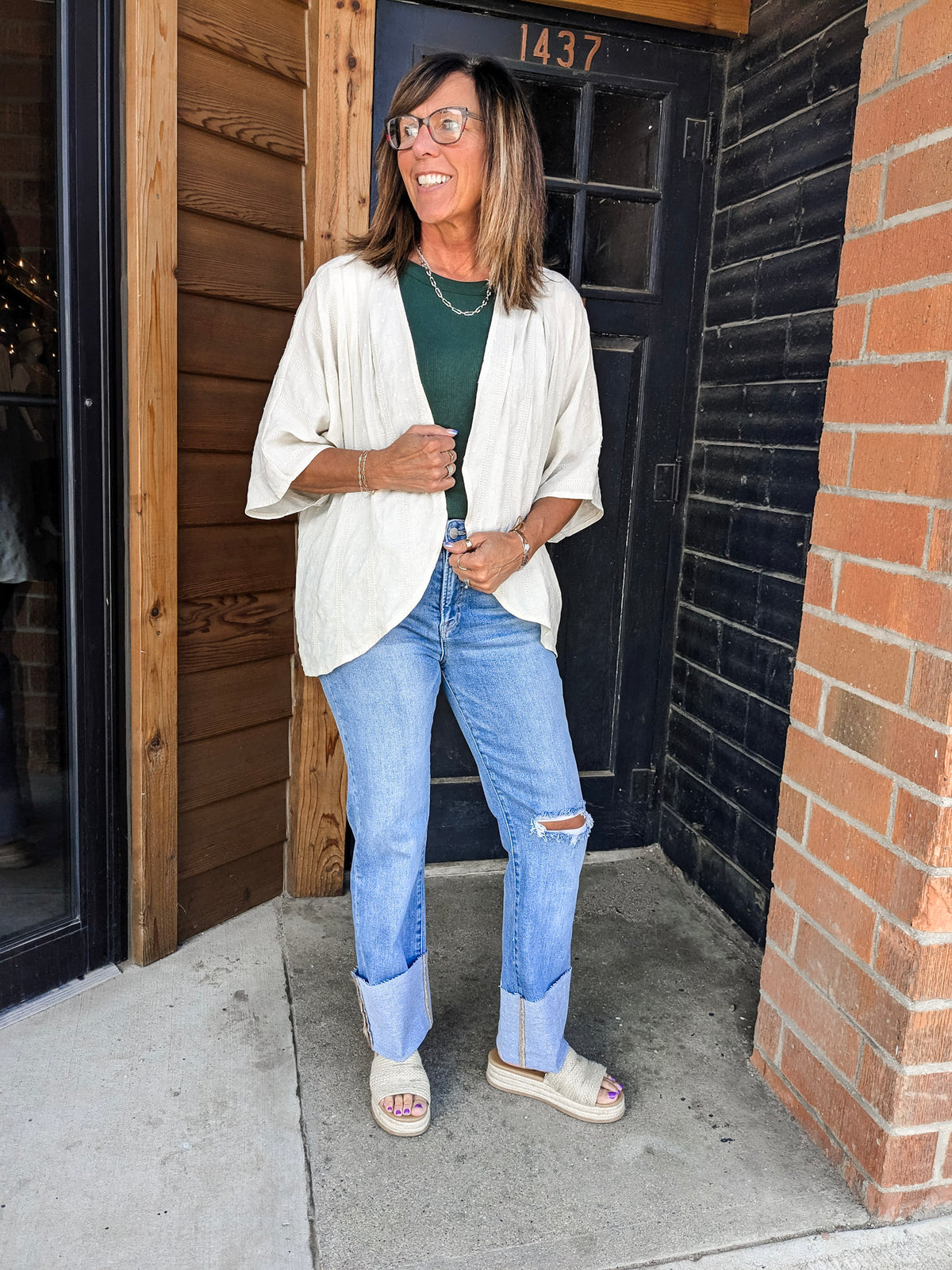 Embroidered Linen Kimono Cardigan - Natural